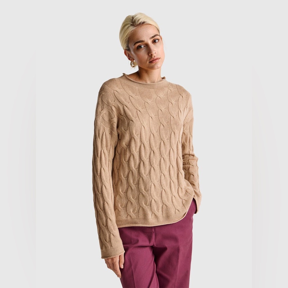 United Colors of Benetton Cashmere Blend Cable Knit Mock Neck Sweater in Beige